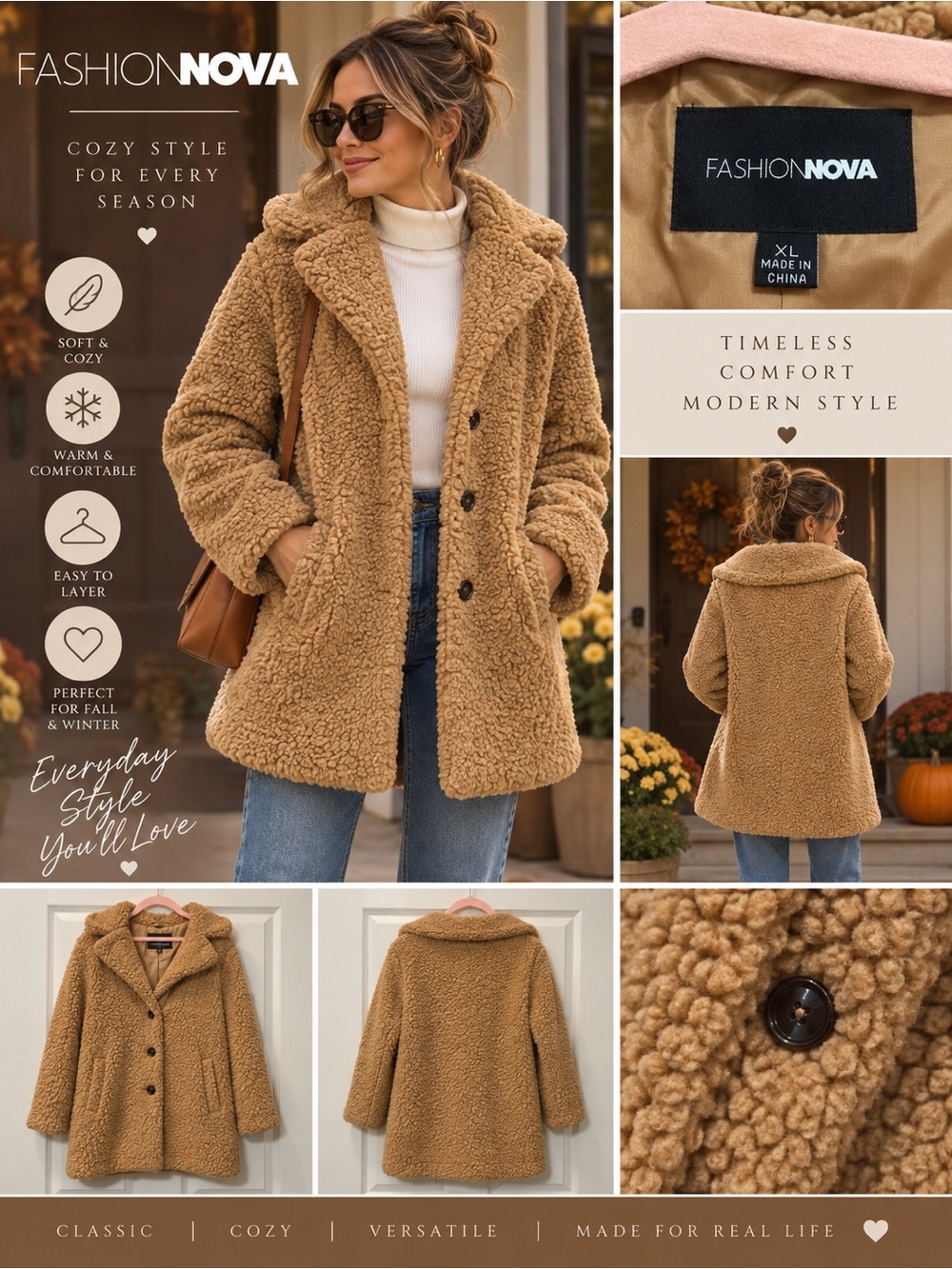 Fashion Nova Teddy Sherpa Coat Women’s XL Camel Brown Cozy Fall Winter Jacket
